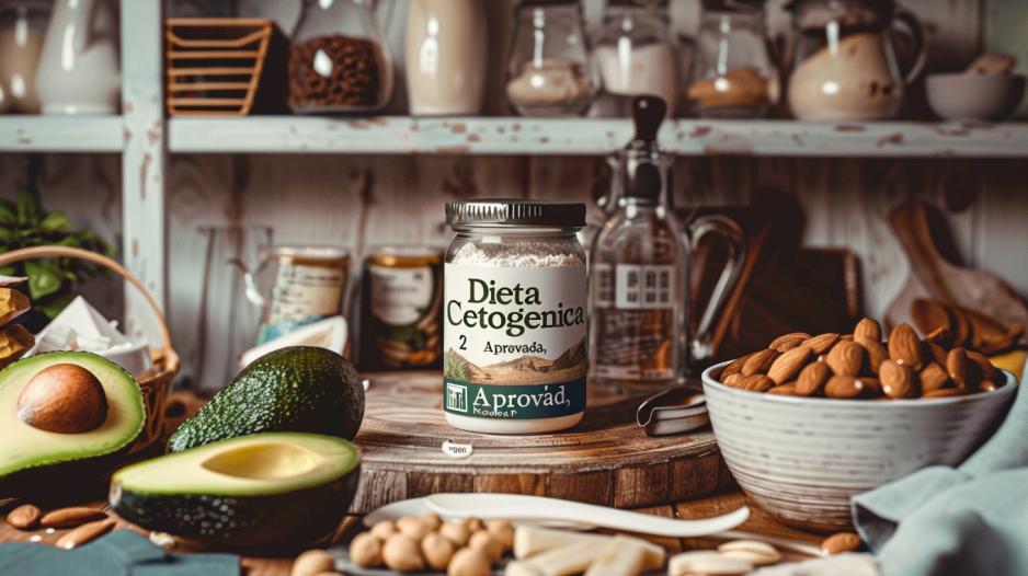 Foto hiper-realista de cozinha cetogênica organizada, com leite em pó cetogênico ao centro.