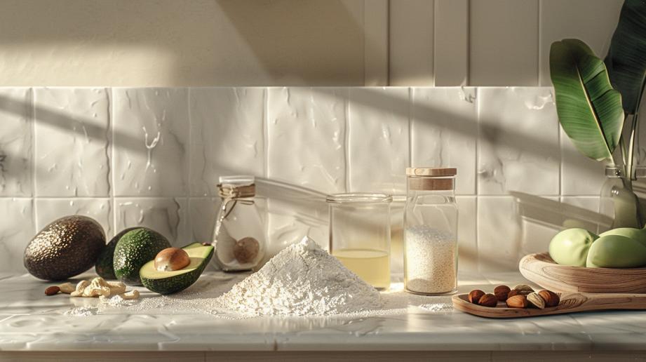 Foto hiper-realista de leite em pó em cozinha moderna com abacates, nozes e óleo de coco.