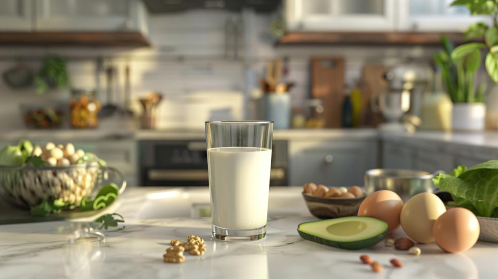 Copo de leite em cozinha moderna rodeado de alimentos cetogênicos como abacate e ovos.