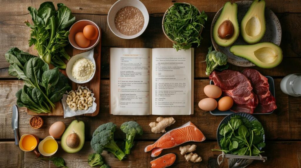 Cena vibrante com ingredientes frescos da dieta keto em mesa rústica e receitas abertas.