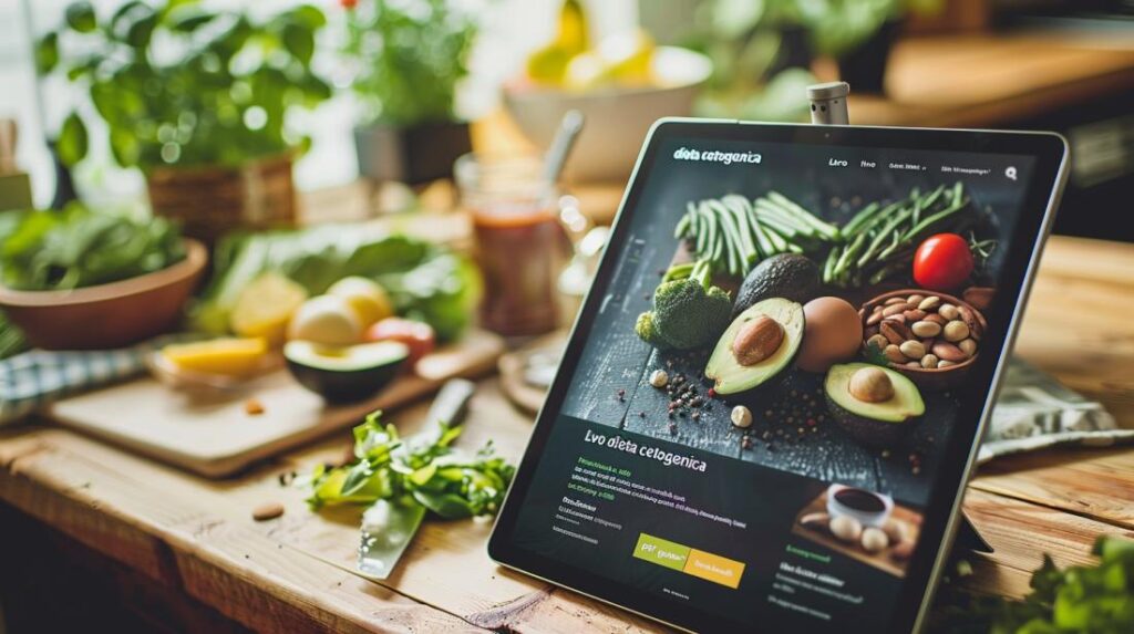 Tablet digital exibindo capa de eBook de dieta cetogênica, em ambiente de cozinha acolhedor.