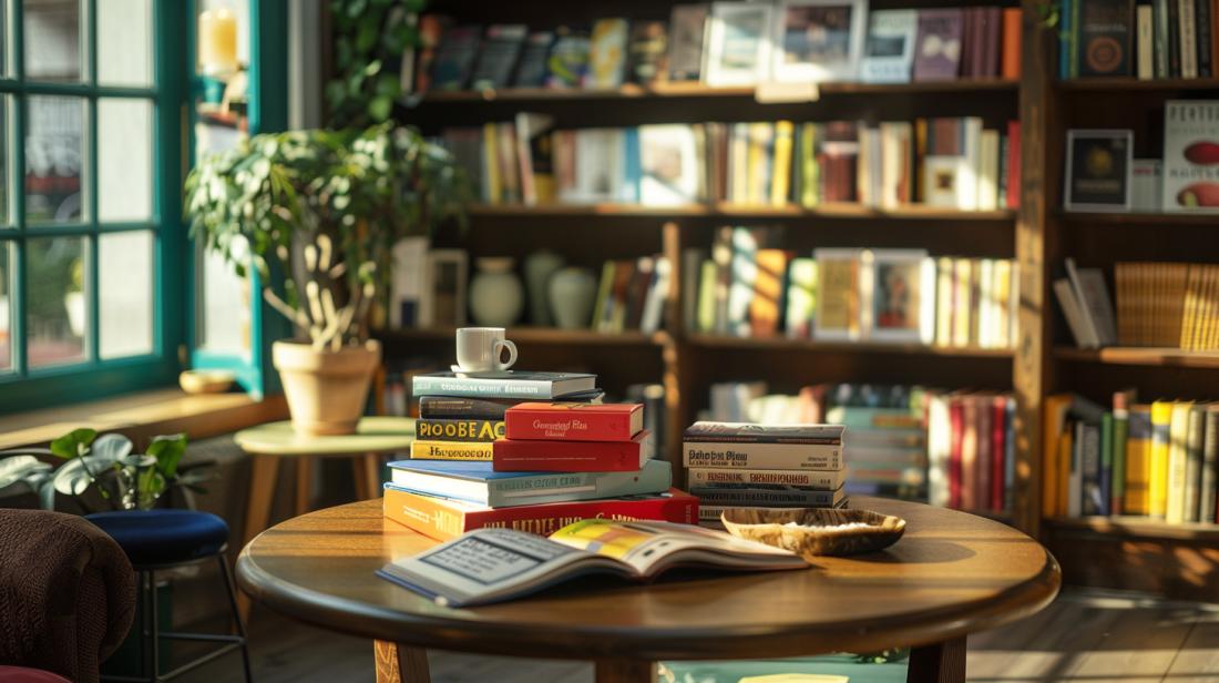Canto de livraria aconchegante com livros cetogênicos iluminados por luz natural suave e quente.