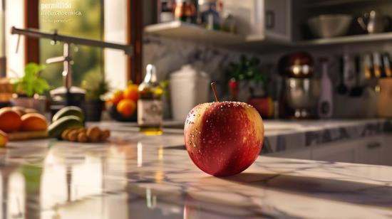 Fotografia hiper-realista de maçã vibrante em cozinha moderna com itens cetogênicos destacados.