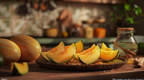 Fotografia hiperralista de uma mesa com melão fatiado, abacate, nozes e queijo em tábua rústica.