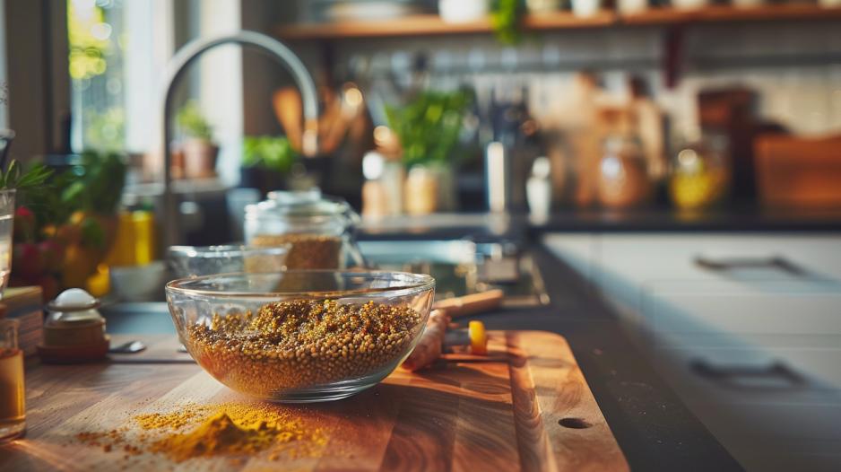 Fotografia hiper-realista de uma cozinha moderna com tigela de mostarda dourada e ingredientes naturais.