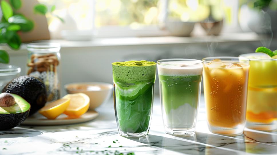 Visão detalhada de bebidas cetogênicas: café bulletproof, matcha latte, água com limão, smoothie de leite de amêndoas.