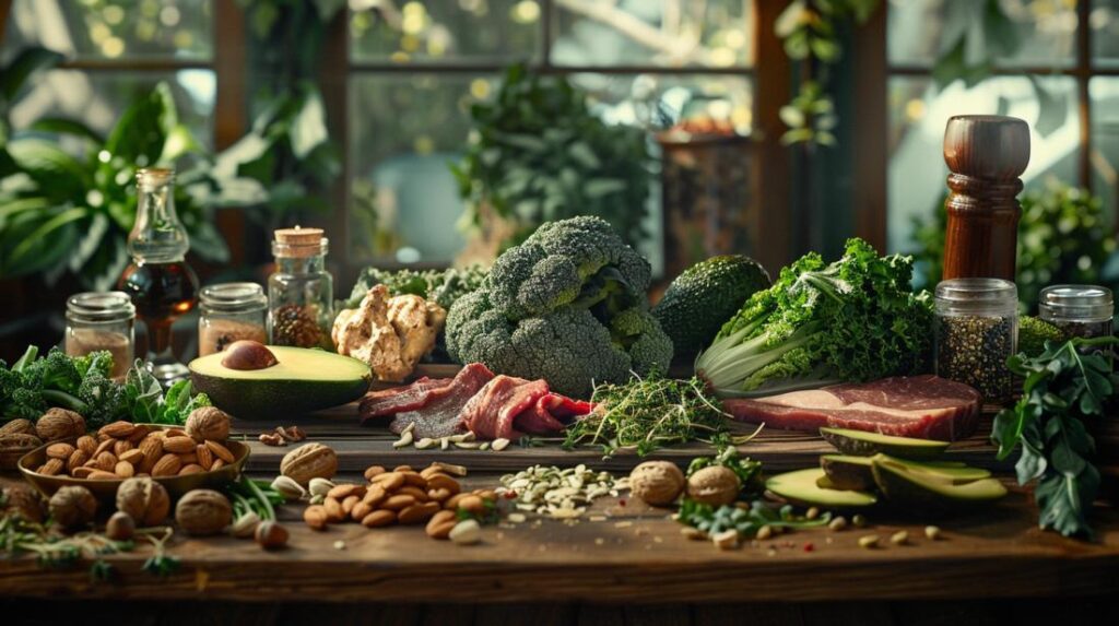 Fotografia hiper-realista de alimentos cetogênicos: abacates, nozes, carnes e folhas verdes vivas.