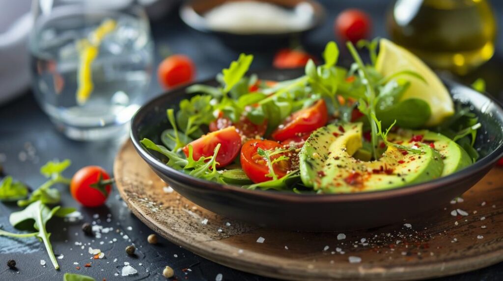 Foto hiper-realista de prato keto com palmito, abacate, tomate cereja e folhas verdes.