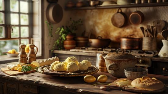 Fotografia hiper-realista de uma cozinha rústica preparando Pão de Queijo keto com ingredientes frescos.