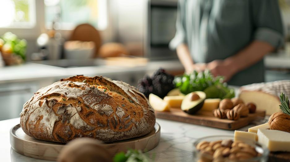 Fotografia hiper-realista de uma cozinha moderna com alimentos keto e pão artesanal.