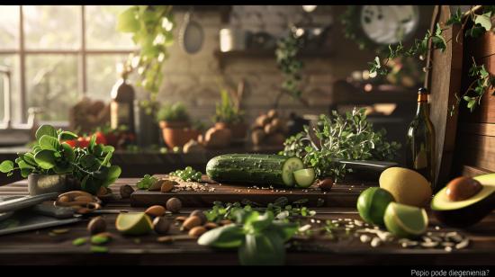 Fotografia hiper-realista de pepino fresco em tábua rústica, rodeado por ingredientes cetogênicos.