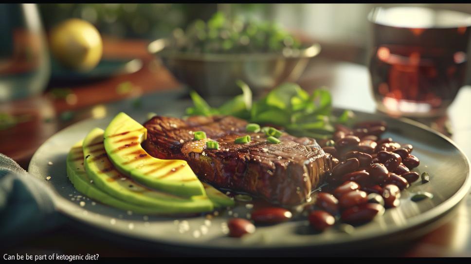 Refeição cetogênica com bife, fatias de abacate e porção de feijão na cozinha moderna.