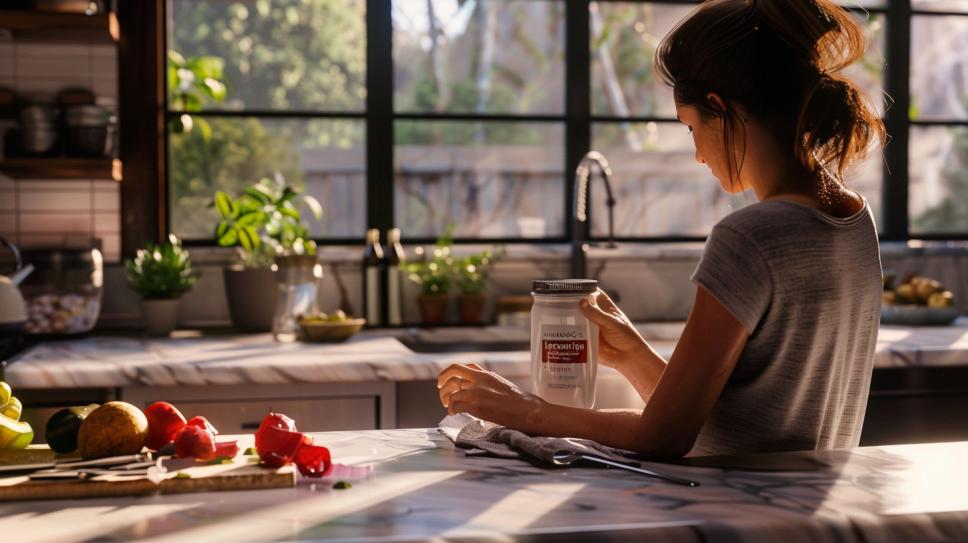 Indivíduo preparando shake de whey cetogênico em cozinha moderna e iluminada com luz natural.