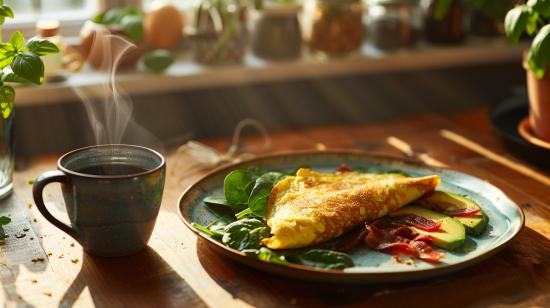 Fotografia hiper-realista de um café da manhã cetogênico, com omelete, abacate, bacon e espinafre.
