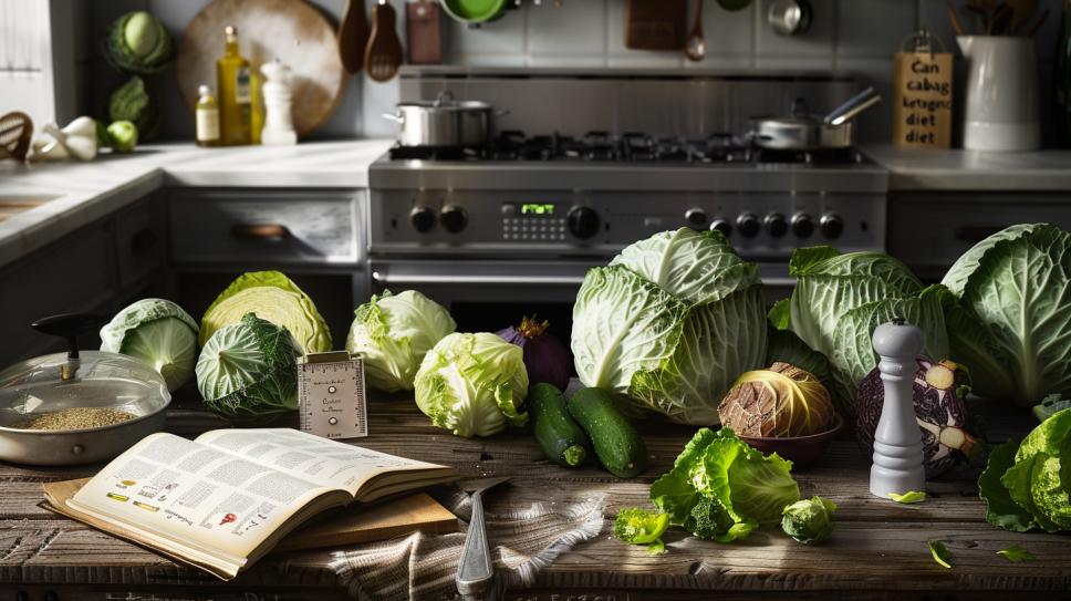 Fotografia hiper-realista de uma cozinha com diversas variedades de repolho e utensílios para dieta cetogênica.