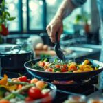 Pessoa preparando legumes em uma frigideira na cozinha