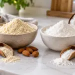 Tigelas com farinha de amêndoas e de coco, acompanhadas de amêndoas e coco aberto.
