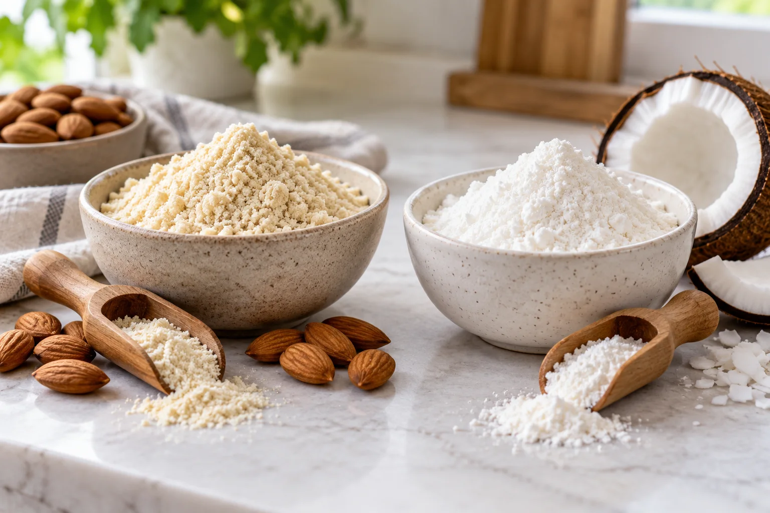 Tigelas com farinha de amêndoas e de coco, acompanhadas de amêndoas e coco aberto.