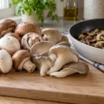 Champignons e cogumelos-ostra sobre uma tábua, com cogumelos preparados ao fundo.
