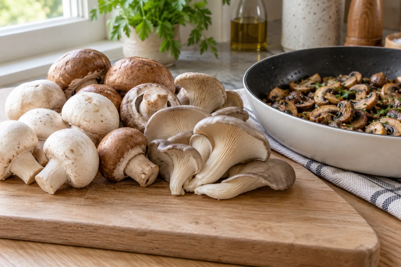 Champignons e cogumelos-ostra sobre uma tábua, com cogumelos preparados ao fundo.