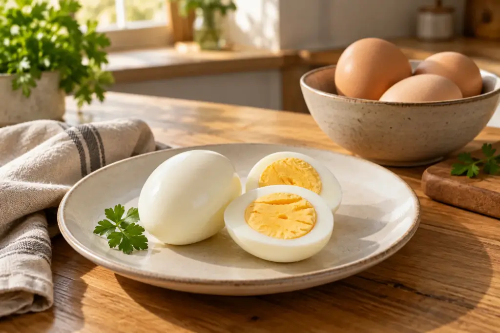 Ovos cozidos, incluindo um cortado ao meio com gema firme, e ovos com casca ao fundo.