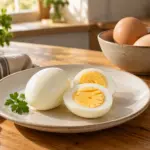 Ovos cozidos, incluindo um cortado ao meio com gema firme, e ovos com casca ao fundo.