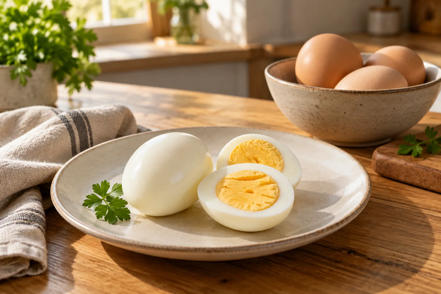 Ovos cozidos, incluindo um cortado ao meio com gema firme, e ovos com casca ao fundo.
