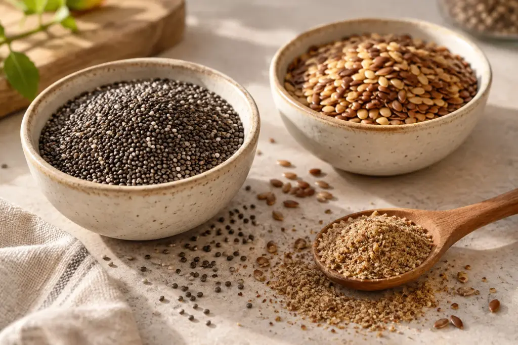 Tigelas de chia e linhaça, com linhaça moída numa colher de madeira.