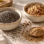 Tigelas de chia e linhaça, com linhaça moída numa colher de madeira.