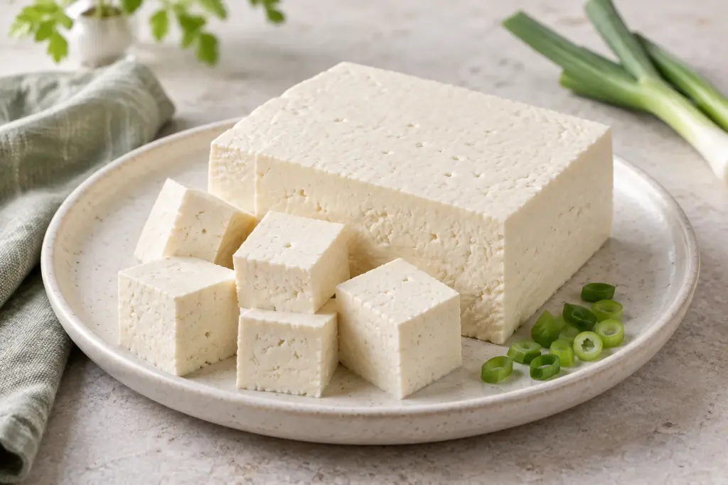 Bloco de tofu branco e cubos de tofu em um prato de cerâmica.