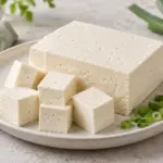 Bloco de tofu branco e cubos de tofu em um prato de cerâmica.